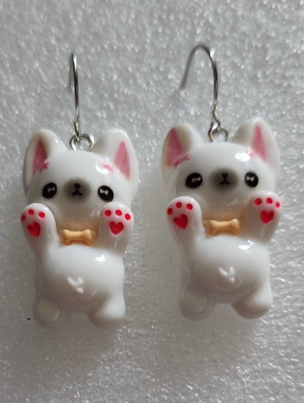 Hand Crafted White and Pink Lucky Dog Dangle Earrings
